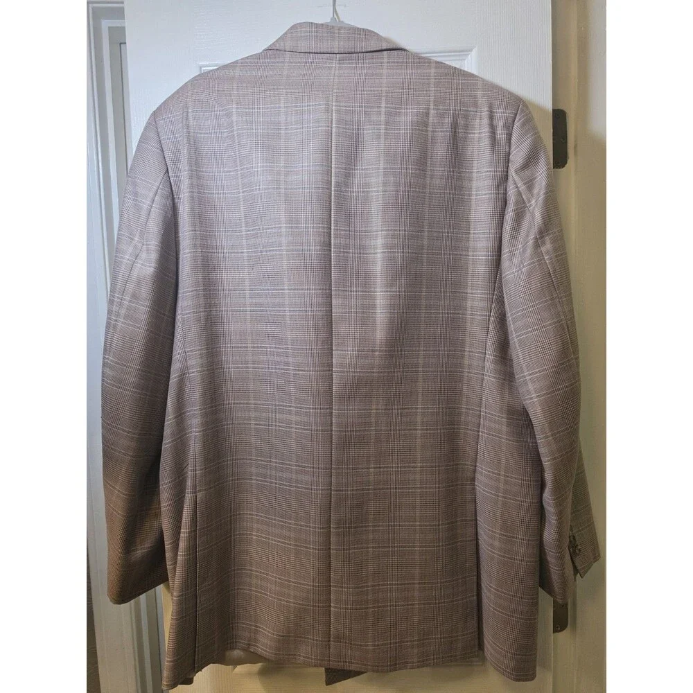 Stacy Adams Double Breasted Sport Coat Mens 44R Tan Plaid Peak Lapel Blazer